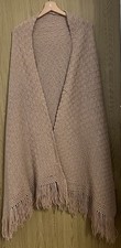 Vintage Ladies Beige Hand Knitted Extra Long Shawl/Wrap with Fringe 1960s-1970s