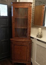 VINTAGE BURL WALNUT ASTRAL GLAZED CORNER DISPLAY CABINET