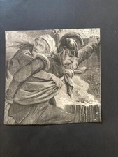Victorian print illustration clipping engraving fireman rescuing old lady