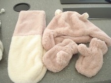 Kids - Pink and Cream Fluffy Hat, Scarf and Gloves