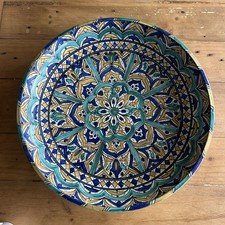 Early 20th Antique Moroccan Fes Glazed Pottery Dish Geometric Turquoise Large