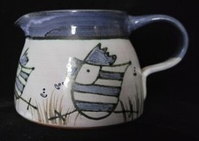 Blue Studio Pottery jug - chickens - signed J B - height 7.5 cm