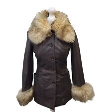 Vintage Leather 70s Jacket Fur Collar Cuffs Trim Button Uk Women's Size 10