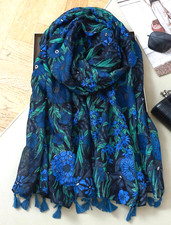 Ladies Blue  Arty Ditsy Boho Flower Print Long Large Italian Neck Scarf Shawl