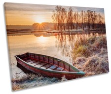 Frosty Sunset Lake Boat Picture CANVAS WALL ART Print