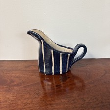 Quirky Vintage Blue and White Stripe Decorative Milk Jug Rustic Studio Pottery