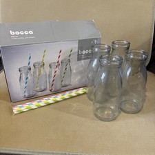 SET OF 4 GLASS MILK BOTTLES Bocca 250ml PLUS PAPER STRAWS BNIB Retro Drinking