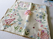VINTAGE HAND EMBROIDERED TABLECLOTH WITH LITTLE  CRINOLINE LADIES