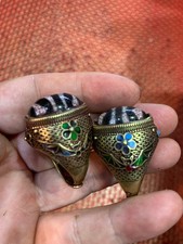 2Pcs Hand Made Tibetan Brass Inlay Dragon Vein Agate Dzi Tiger Teeth Bead Rings