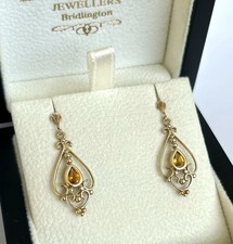 Vintage 9ct Gold Citrine Drop Stud Earrings / Ladies Antique Art Deco 🟡🟣🔵