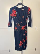 Bombshell Black And Red Rose Print Stretchy 3/4 Sleeve Retro Midi Dress UK 10