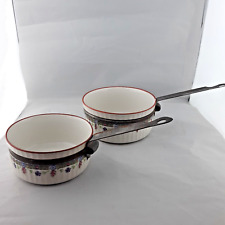 French Porcelain Aluminite Pans Saucepans Art Deco Floral Design Hanging Handles
