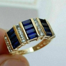 2Ct Baguette Blue Sapphire & Diamond Mens Band Ring 14K Yellow Gold Over UK M-T