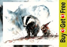 Badger and Rabbit 5"x7" Print on Matte Paper | Moonlit Woodland Watercolor Art
