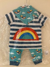 RRP £32 - New Frugi 3 Piece Outfit Duck Set Stripe Rainbow Top Trousers Bib Blue