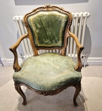 Antique Louis XV Style Wood Fauteuil Chair with Green Leather Upholstery