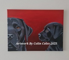 Colin Coles Art Original Oil Painting"Black Labrador Dog And Puppy" 