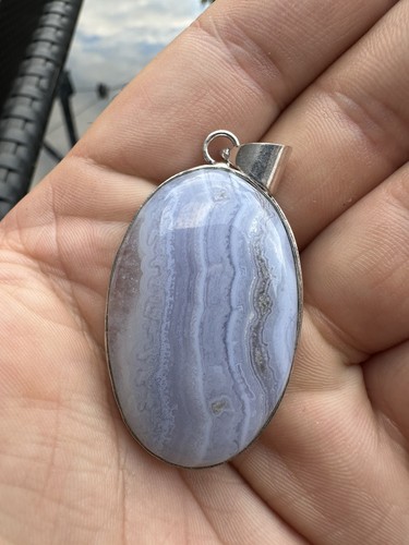Large blue lace agate pendant - blue,