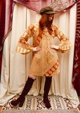 Vintage Style 60s 70s Cotton Floral Lace Up Flared Sleeve Mini Dress 8-18