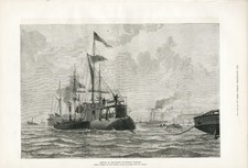 CLEOPATRA'S NEEDLE ARRIVAL ON BOARD BOAT AT GRAVESEND ANTIQUE 1878 ART PRINT b15