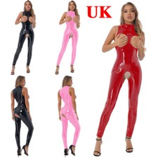 UK Women Sexy PVC Leather Catsuit Crotchless Bodysuit Lingerie Teddy Nightwear