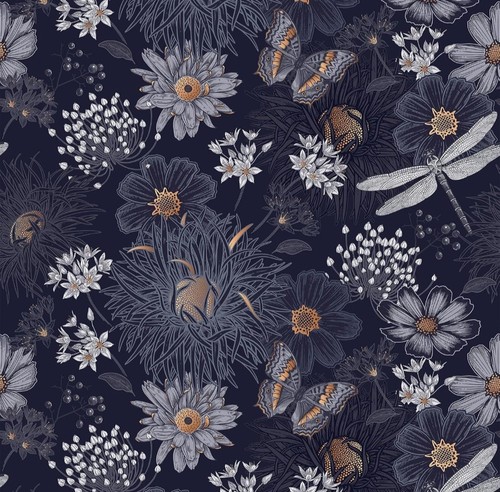 Self adhesive navy blue floral - self,