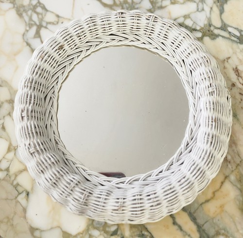Vtg round white wicker - white, mirror