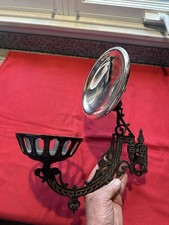 1881 VICTORIAN CAST IRON WALL MOUNT OIL LAMP BRACKET W. MERCURY GLASS REFLECTOR!