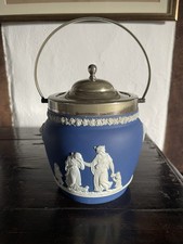 Wedgwood Cobalt Jasperware Biscuit Barrel Silver Plate Lid & Handle Early 20th C