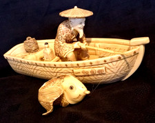 Vintage Japanese Faux Ivory Stone Poly Resin Fisherman Okimono