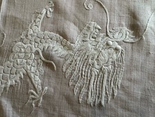 Antique 1920's Pina Linen Mirrored 5 Toe Dragon Tablecloth ‘Old Repairs’ 52”/49”