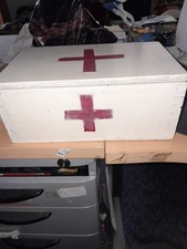 Vintage Home Made Wooden First Aid Box AND VINTAGE Contents