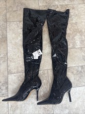 ZARA Shiny Black Patent PVC THIGH HIGH Pointy Boots UK 6 RRP £89