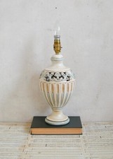 Vintage Luxury Beige & Duck Egg Table Lamp, Ceramic Scroll Ornate Fan Design