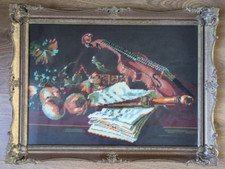 Gilt Framed Complete Tapestry Picture - Musical Theme - Violin Table Fruit