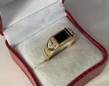 HM Mens Sterling Silver 925 Gold Clad Gilt Black Onyx Diamond Signet Ring Size R