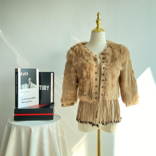 Vintage beige faux fur fringe - beige,