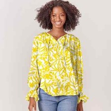 Tucker Juliette Blouse Lemon Fiji Floral in Silk Stretch Charmeuse Leaf Print M