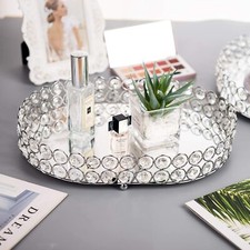 Modern Mirrored Crystal Vanity Makeup Tray Ornate Jewelry Trinket Tray Organizer