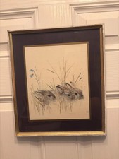 Vintage Framed Rabbit Animal Print Titled "Harekelinger" By Mads Stage