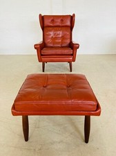 VINTAGE RETRO DANISH MID-CENTURY SVEND SKIPPER COGNAC LEATHER CLUB CHAIR & STOOL