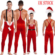UK Mens Sexy Christmas Costume Santa Claus Costume Velvet Jumpsuit Holiday Party