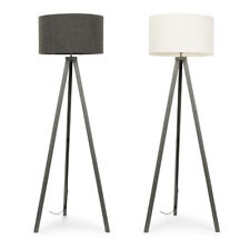 Grey Wood Floor Lamp Large Tripod Wooden Light Boucle Drum Lampshade Living Room