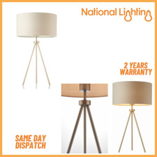 Tripod LED Desk Lamp Matt Nickel Bedside Table Lamp with Grey Faux Linen Shade