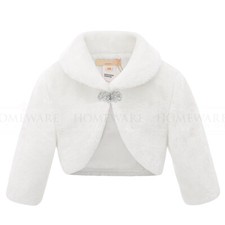 Girls Bolero Faux Fur Shrug White Pink Diamanté Clasp Kids 3/4 Sleeve 6m-13y