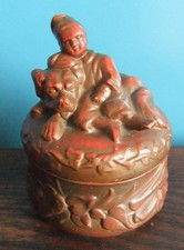 Antique Terracotta Redware FGW Ferdinand Gerbing Dutch Man & Dog Lidded Pot