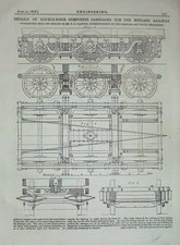 Original Old Antique Print 1876 Double-Bogie Composite Carriage Railway Train