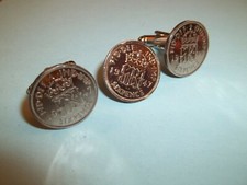 SIXPENCE COINS - SILVER CUFF LINKS & TIE / LAPEL PIN SET - 1947 to 1967