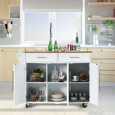 Kitchen Island on Wheels with Drawers Cabinets Rubber Adjustable Shelves White
