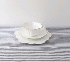 Pretty Vintage Foley China Trio Cup Saucer Tea Plate White Scalloped Gold Trim